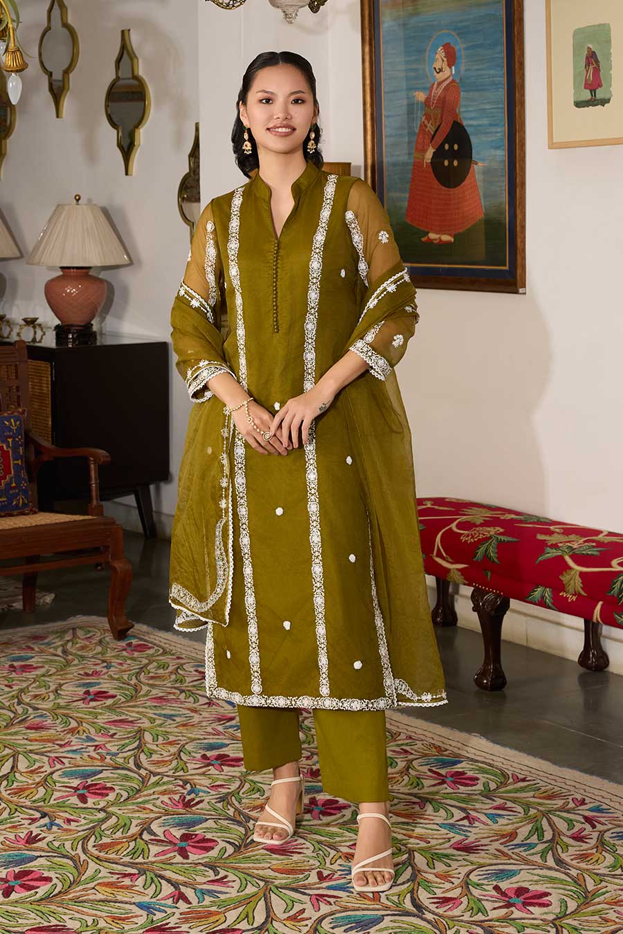 Mehandi Green Embroidered Organza Kurta Set