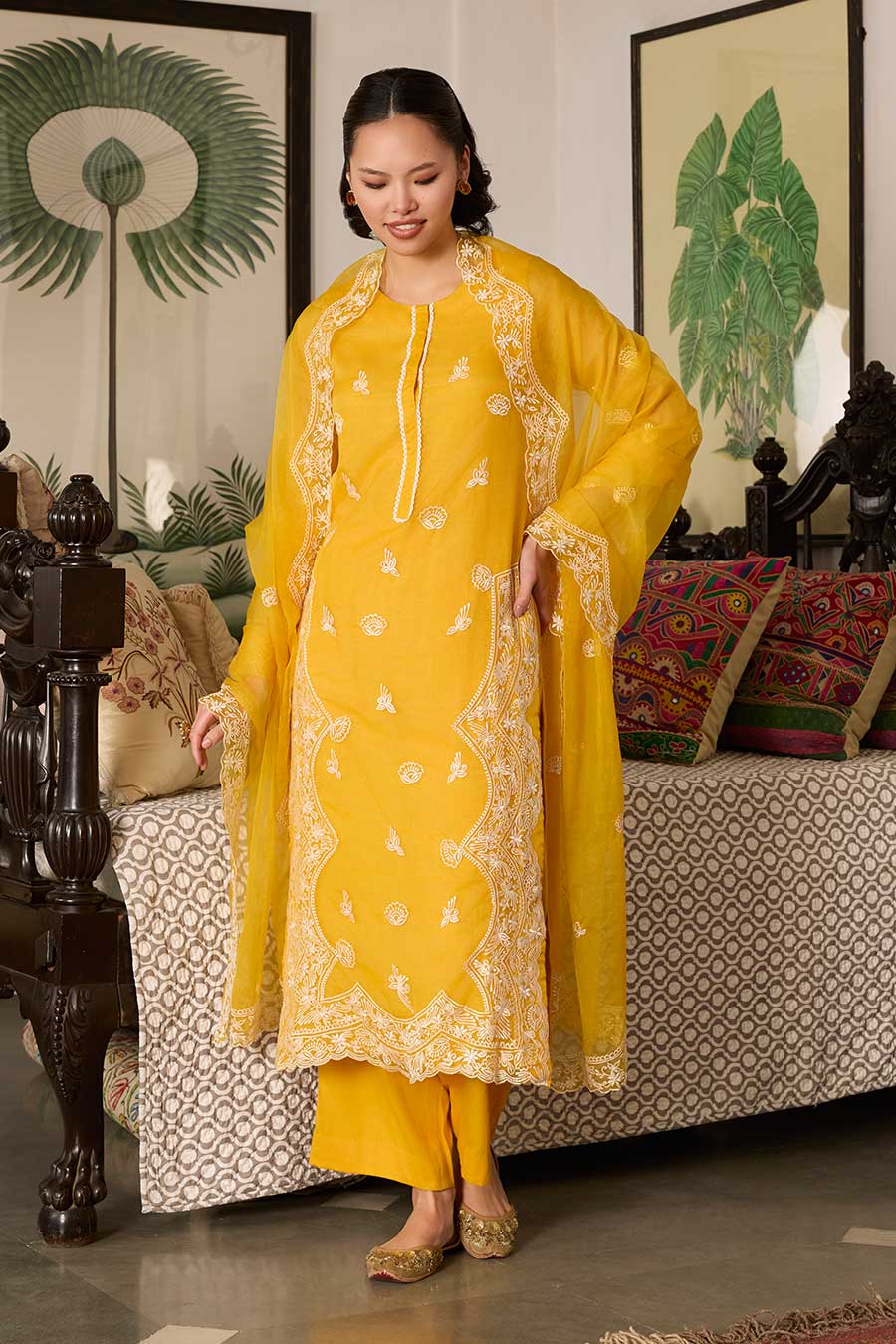 Yellow Embroidered Organza Kurta Set