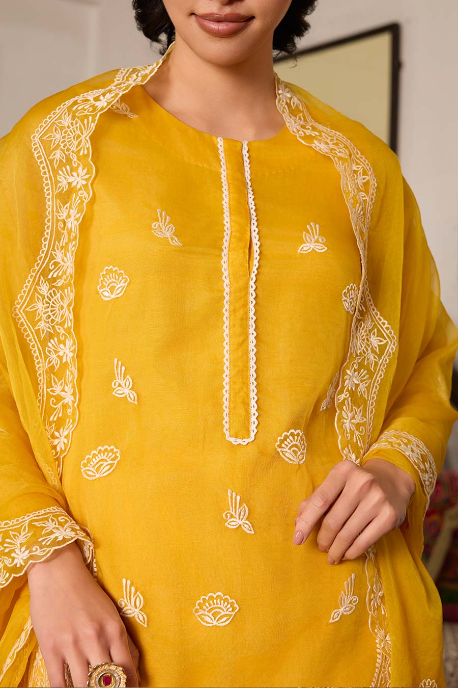 Yellow Embroidered Organza Kurta Set