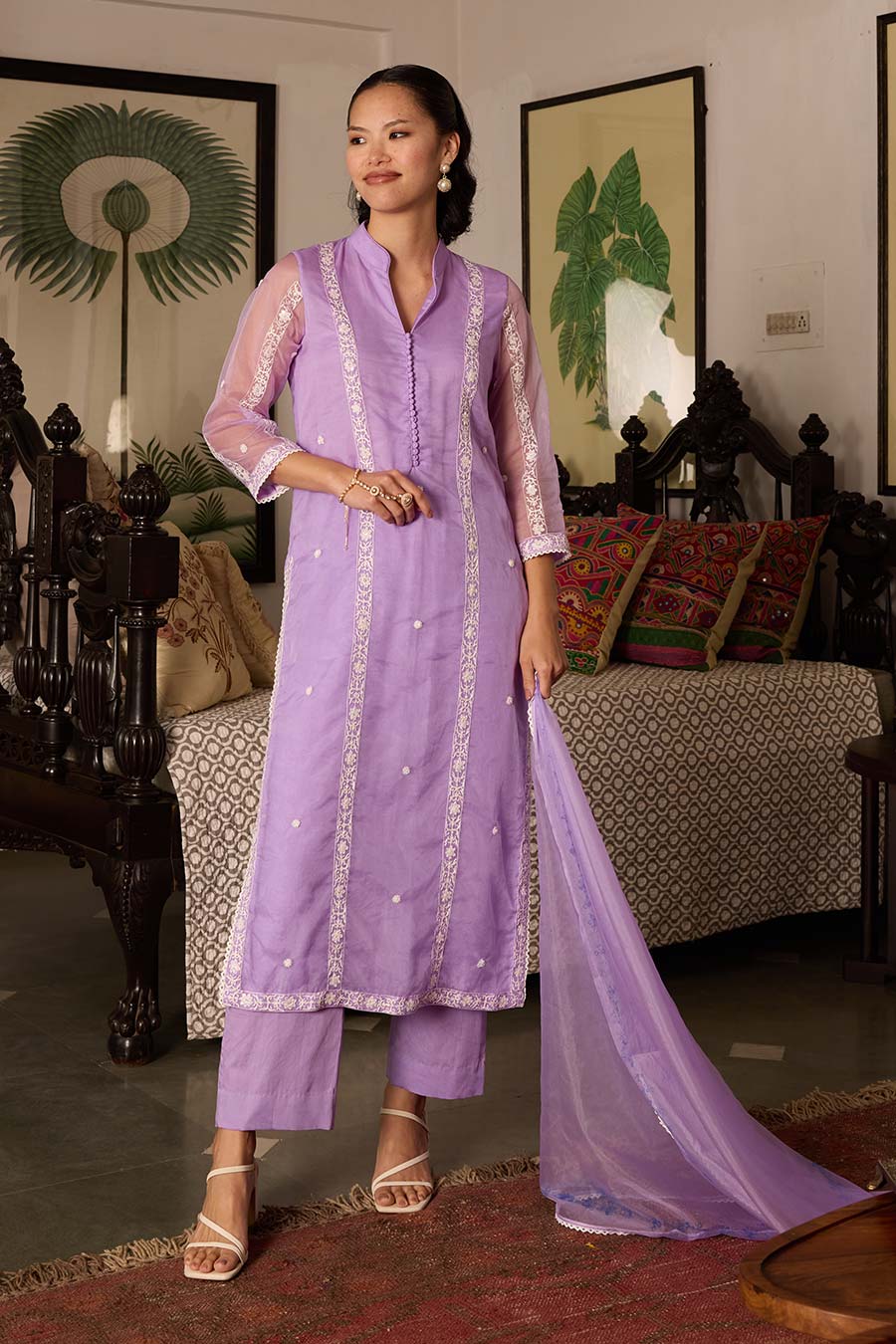 Lavender Embroidered Organza Kurta Set