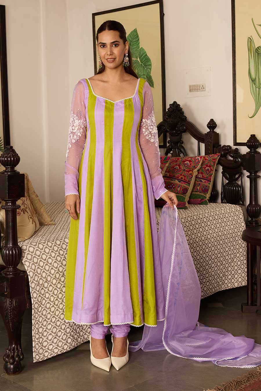 Lavender & Green Embroidered Organza Anarkali Set