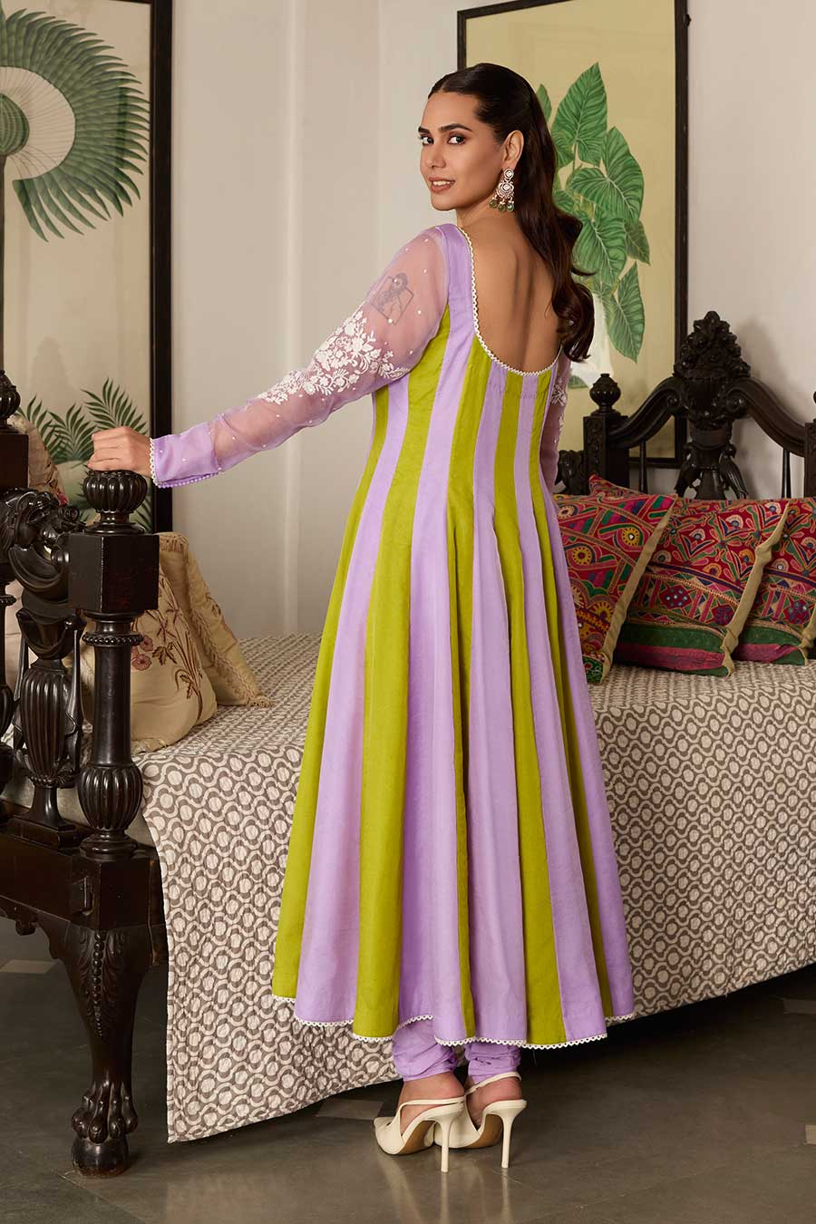 Lavender & Green Embroidered Organza Anarkali Set