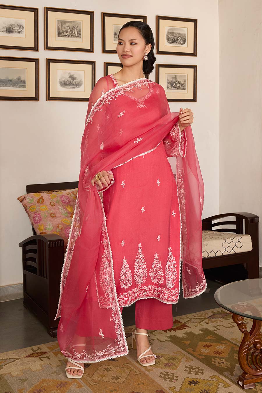 Pink Embroidered Organza Kurta Set