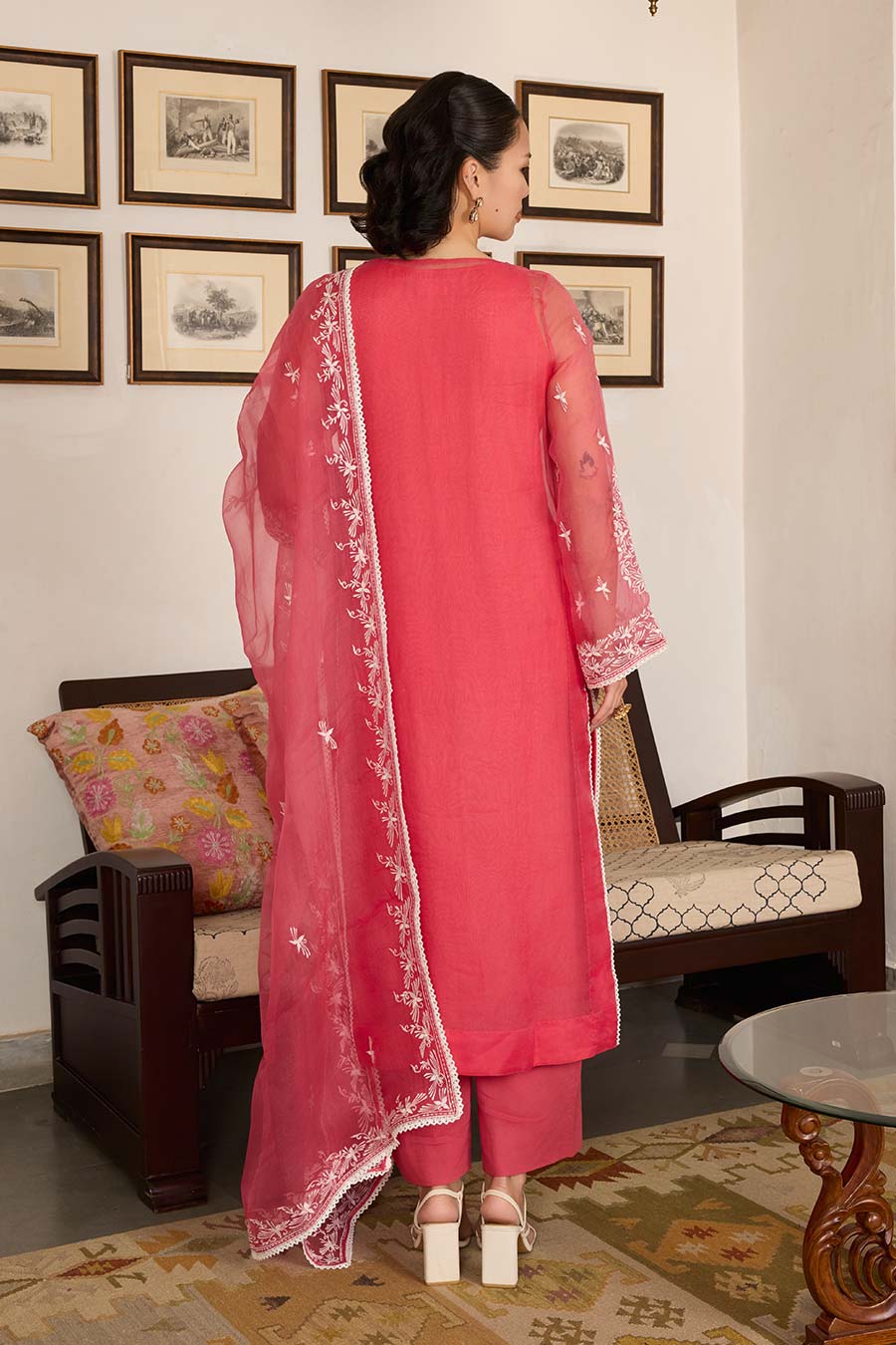 Pink Embroidered Organza Kurta Set