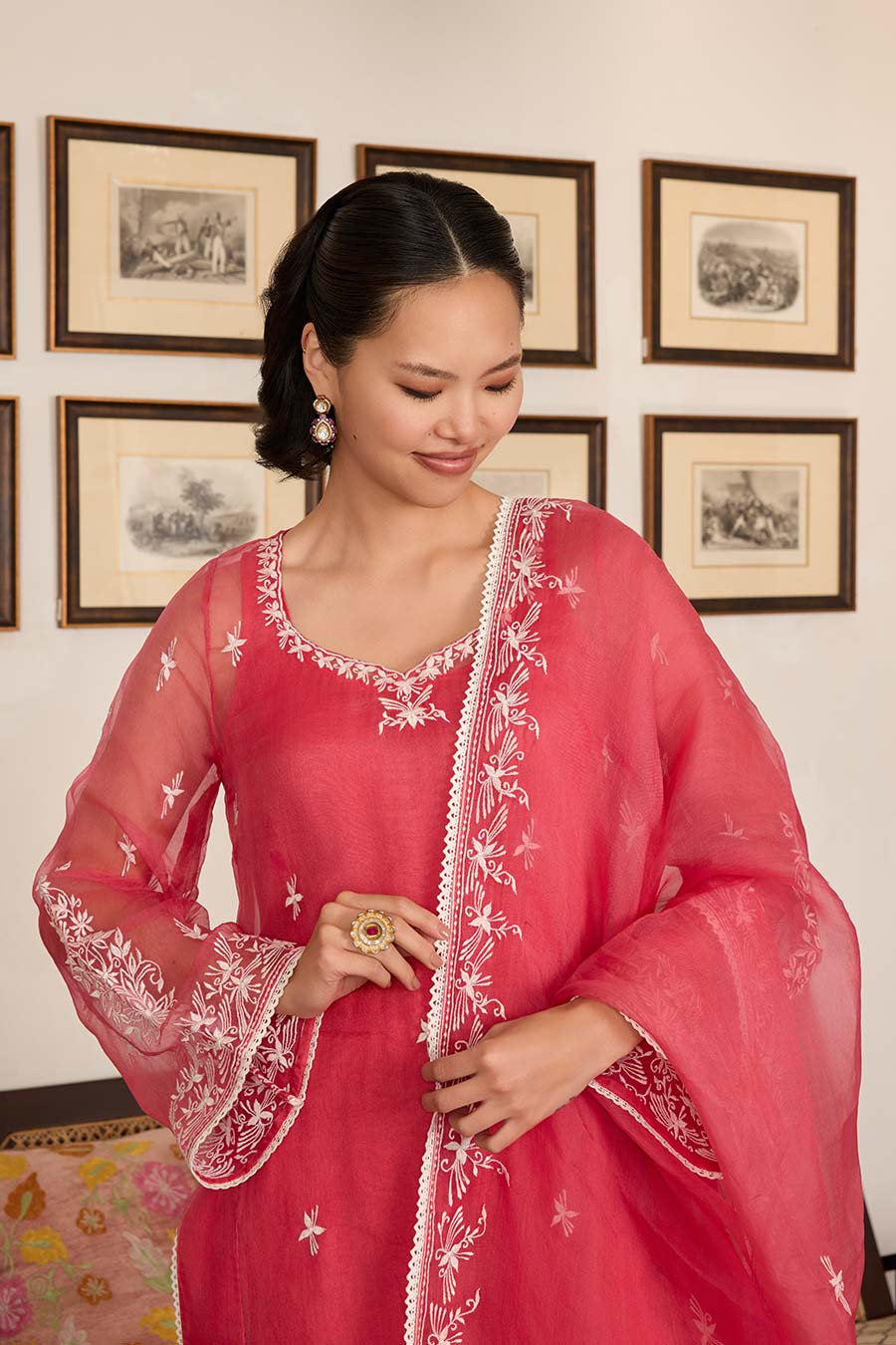 Pink Embroidered Organza Kurta Set