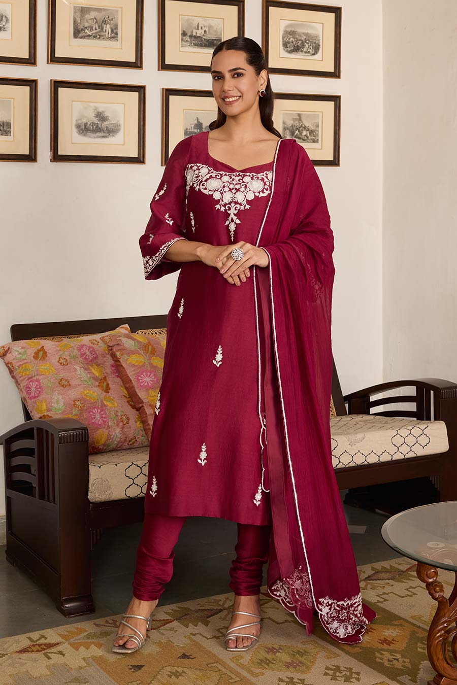 Maroon Embroidered Chanderi Silk Kurta Set