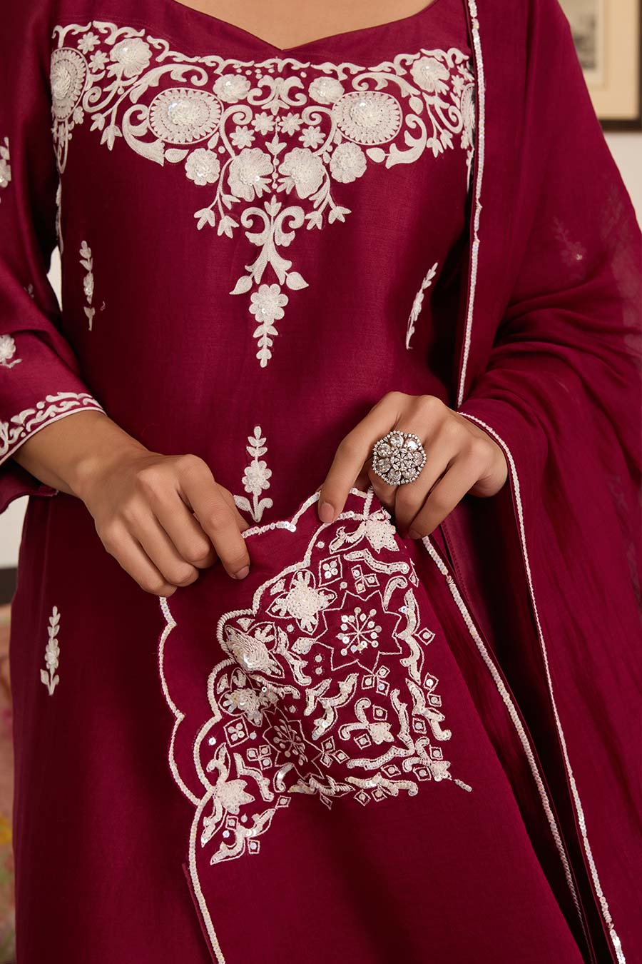 Maroon Embroidered Chanderi Silk Kurta Set