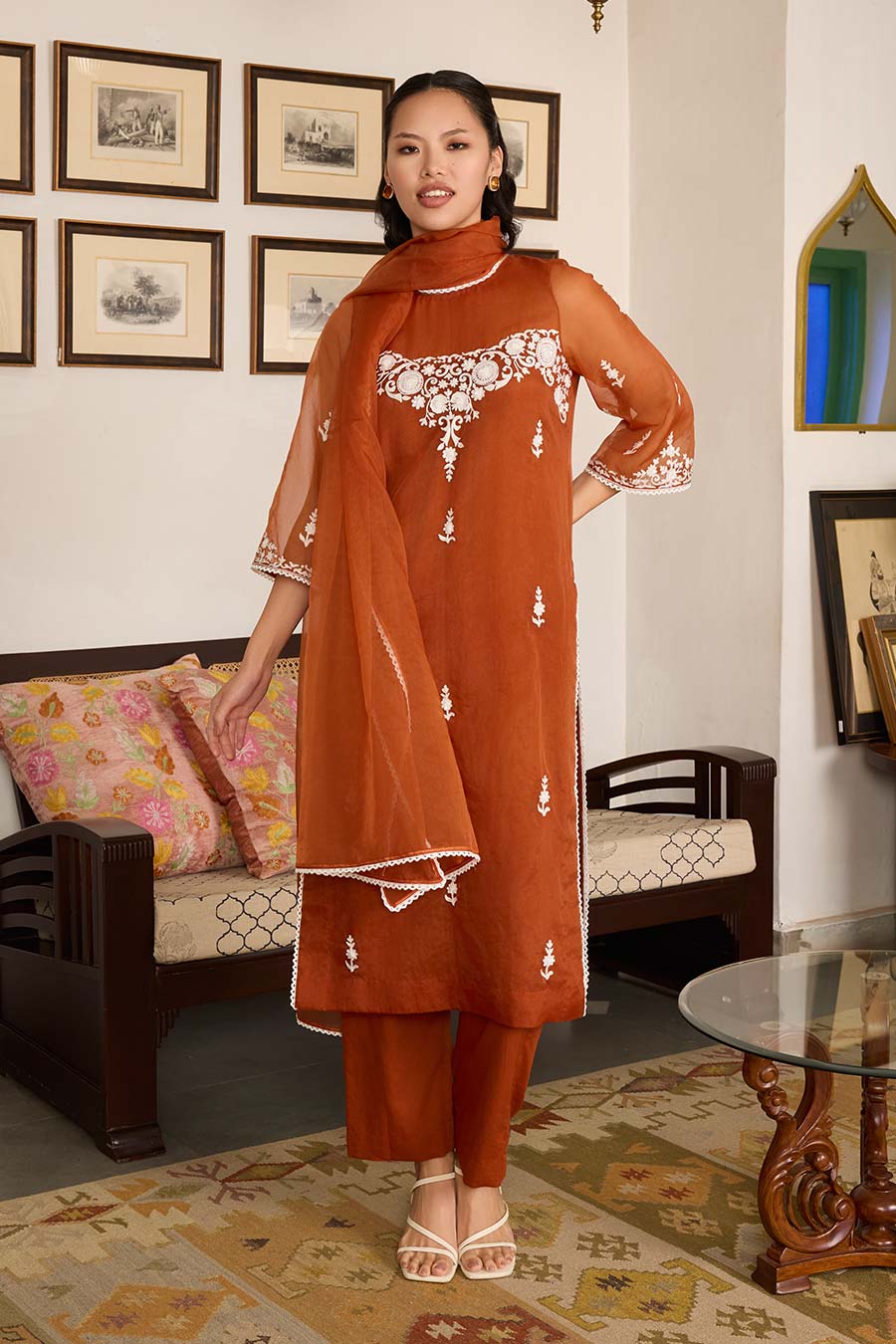 Brown Embroidered Organza Kurta Set