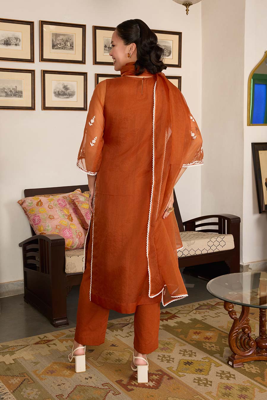 Brown Embroidered Organza Kurta Set