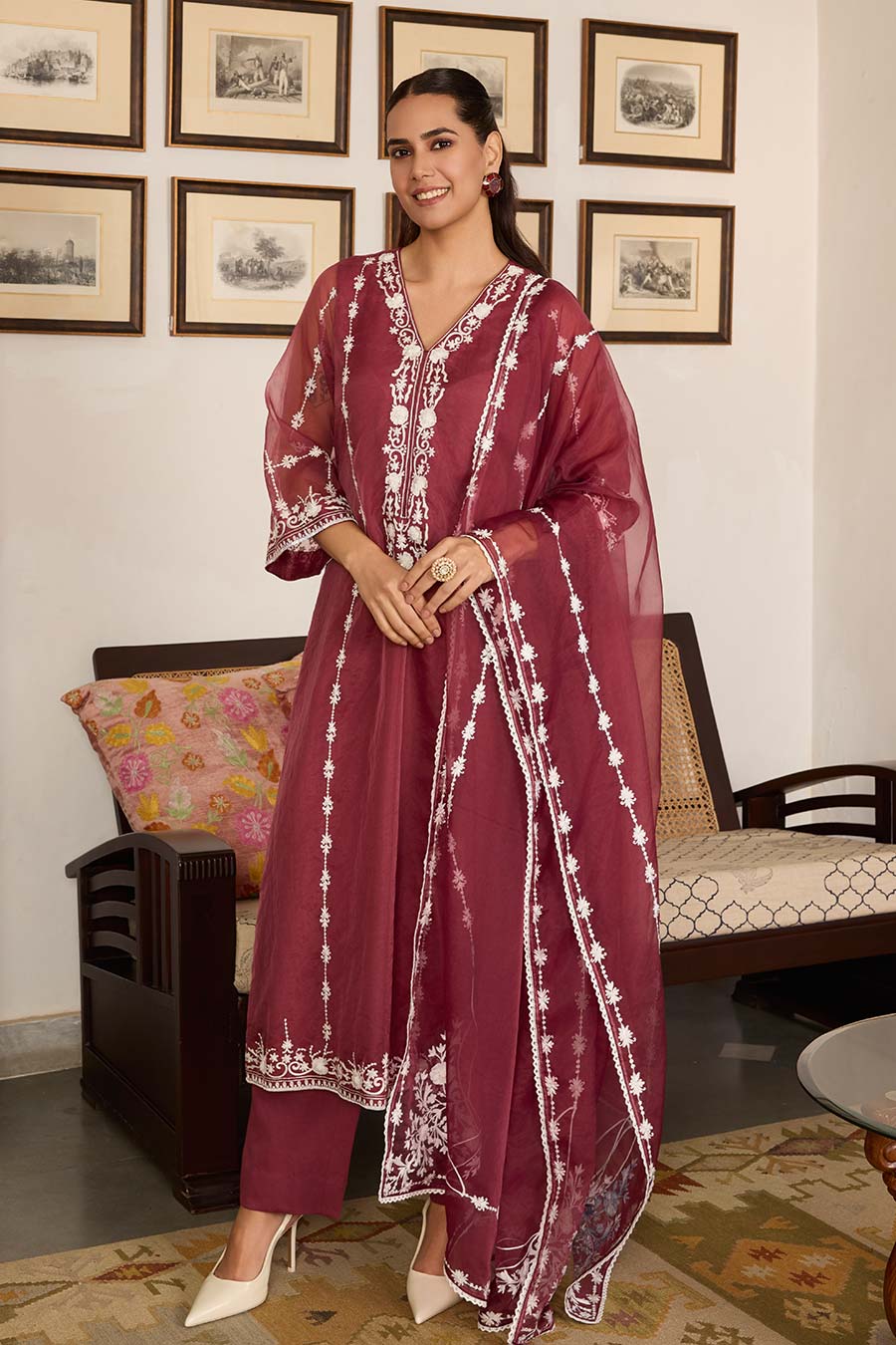 Maroon Embroidered Organza Kurta Set