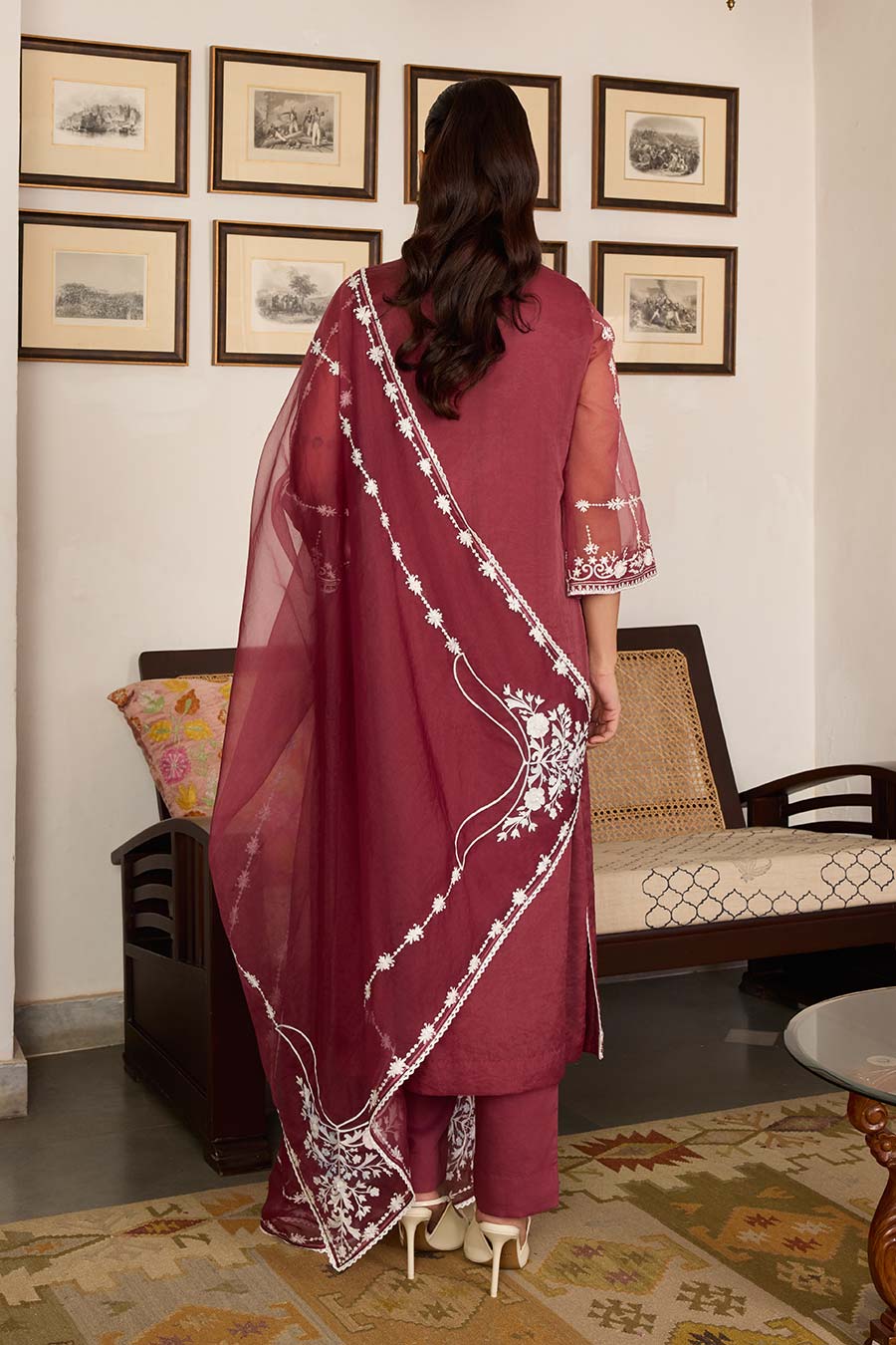 Maroon Embroidered Organza Kurta Set