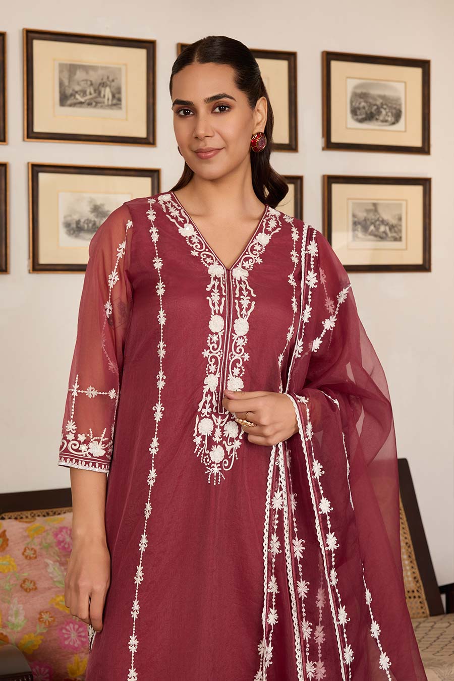 Maroon Embroidered Organza Kurta Set