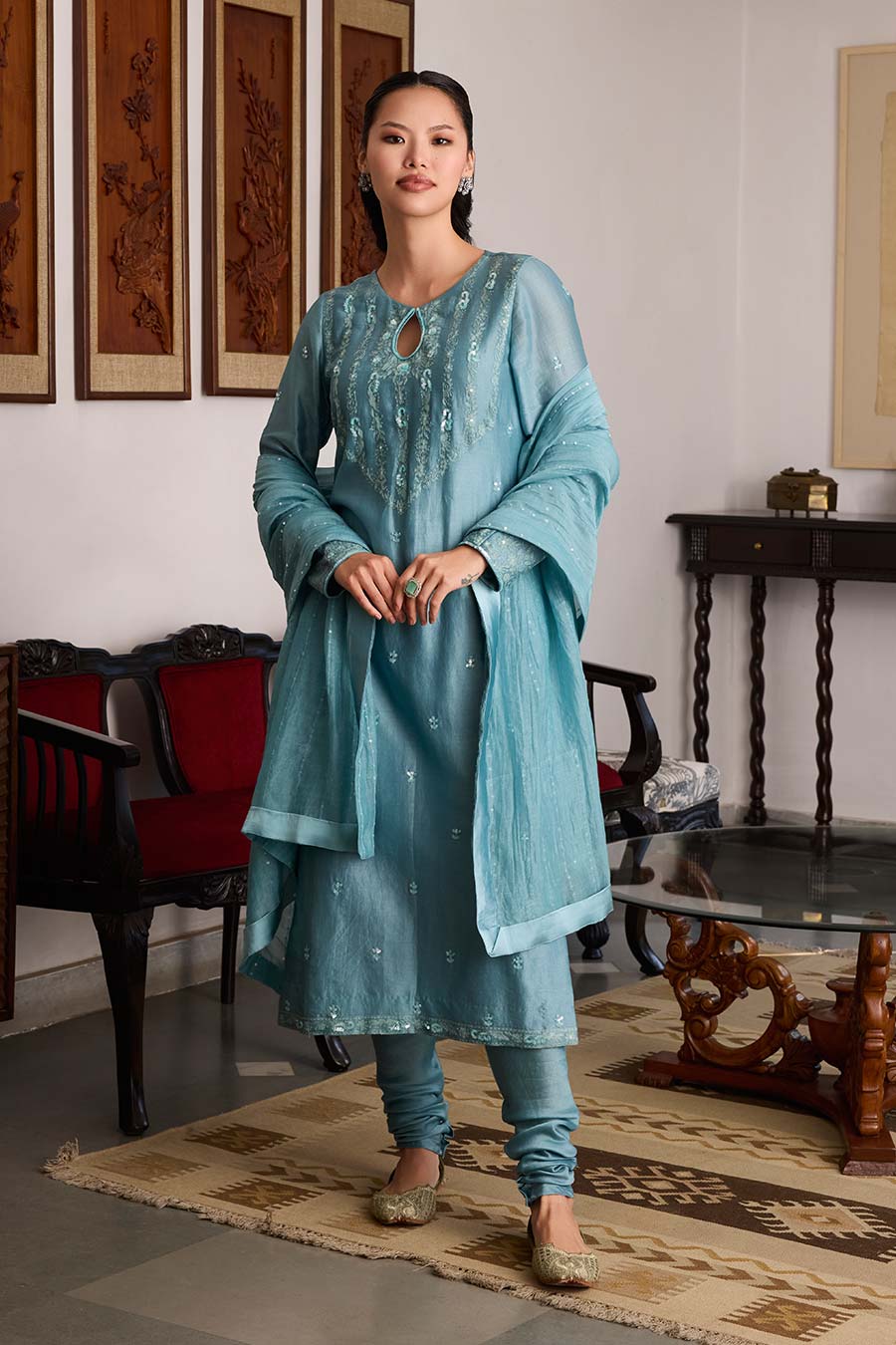 Blue Embroidered Chanderi Silk Kurta Set