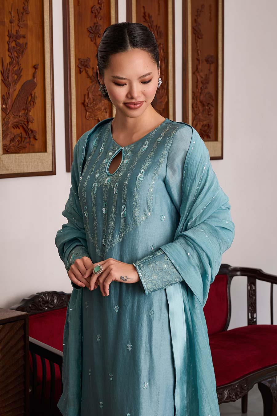 Blue Embroidered Chanderi Silk Kurta Set