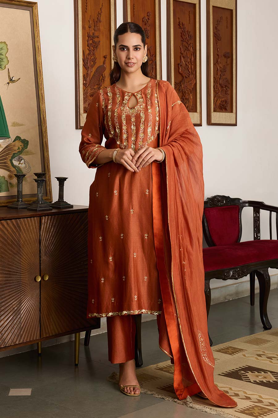 Brown Embroidered Chanderi Silk Kurta Set