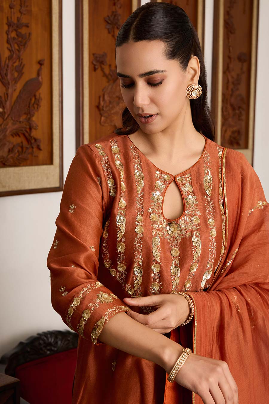 Brown Embroidered Chanderi Silk Kurta Set