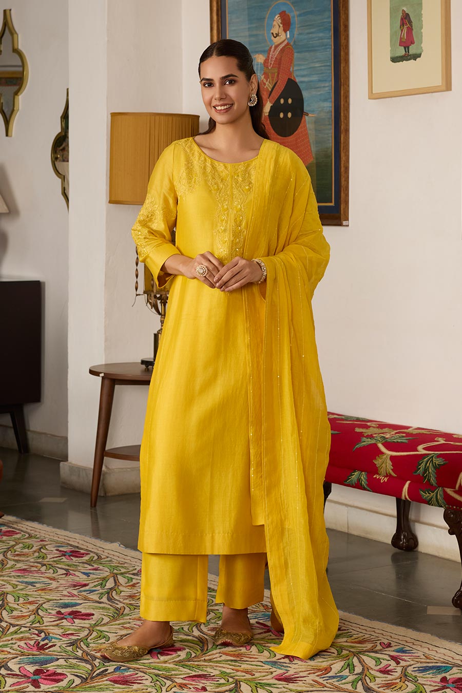 Yellow Embroidered Chanderi Silk Kurta Set