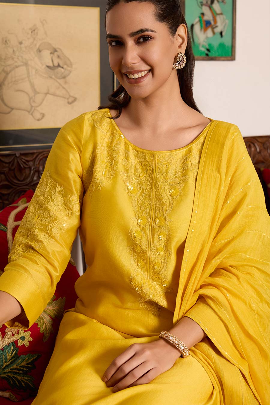 Yellow Embroidered Chanderi Silk Kurta Set