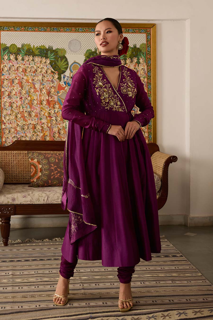 Purple Embroidered Chanderi Silk Anarkali Set