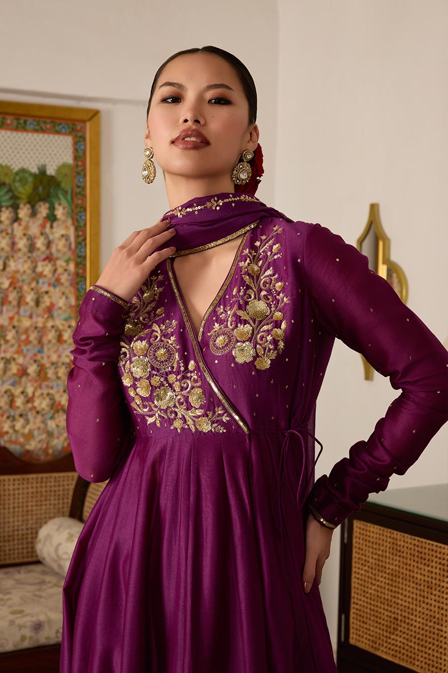 Purple Embroidered Chanderi Silk Anarkali Set