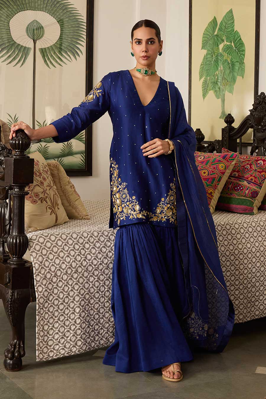 Blue Embroidered Chanderi Silk Gharara Set