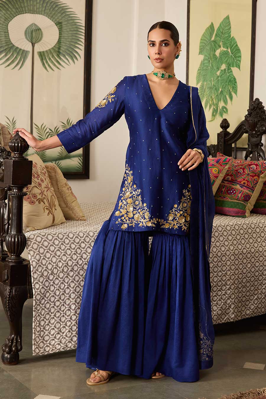 Blue Embroidered Chanderi Silk Gharara Set