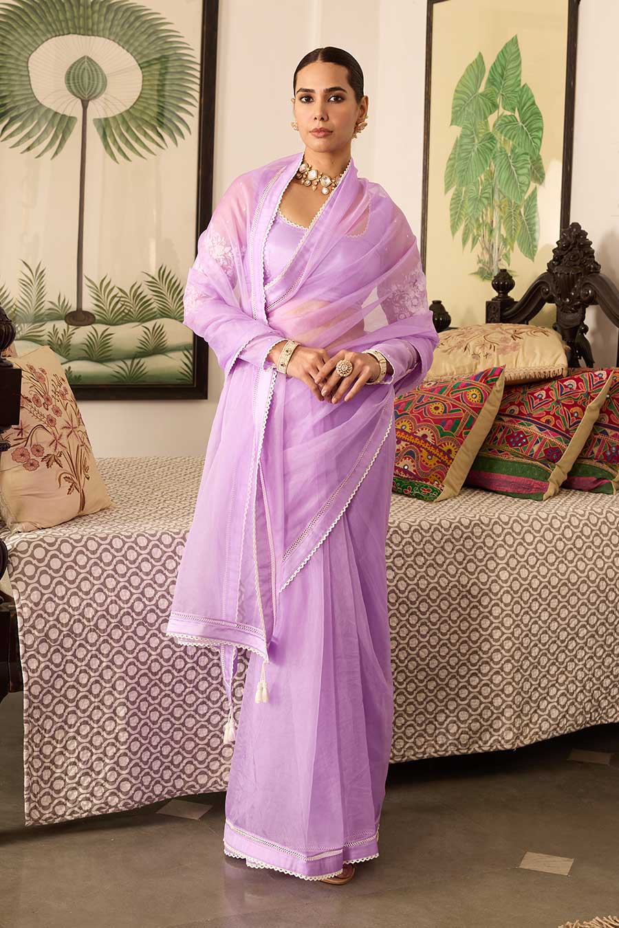 Lavender Embroidered Organza Saree Set