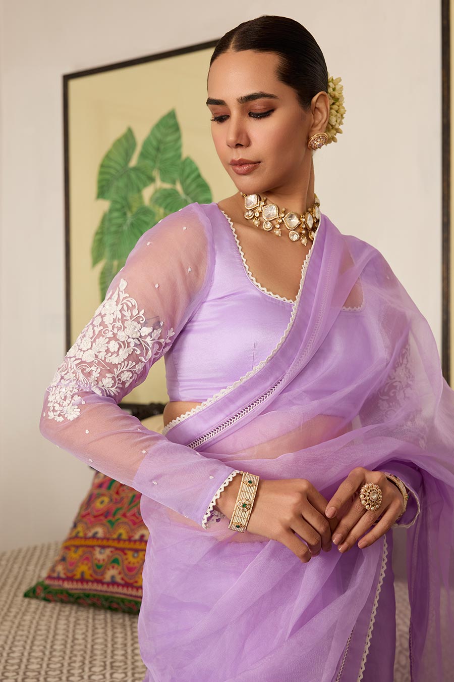 Lavender Embroidered Organza Saree Set