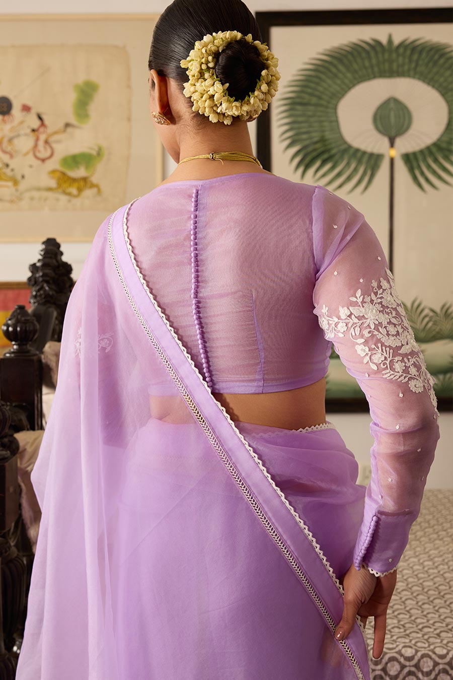 Lavender Embroidered Organza Saree Set