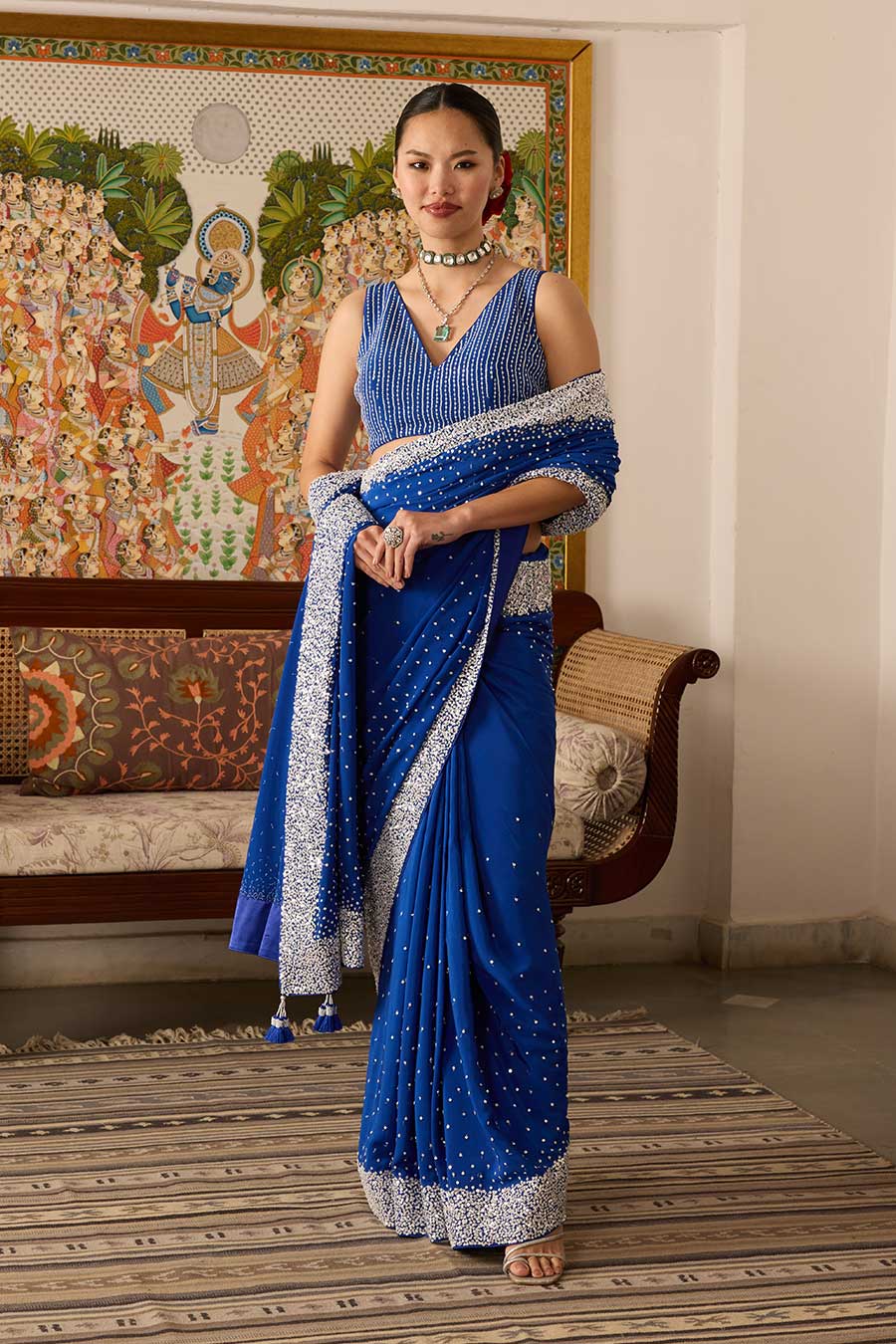 Blue Embroidered Crepe Saree Set