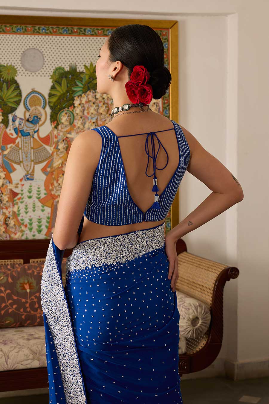 Blue Embroidered Crepe Saree Set