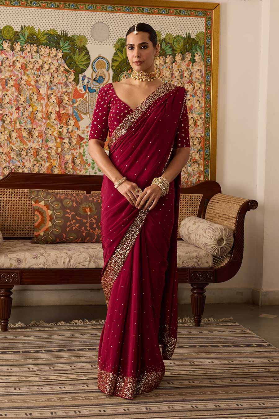 Maroon Embroidered Crepe Saree Set