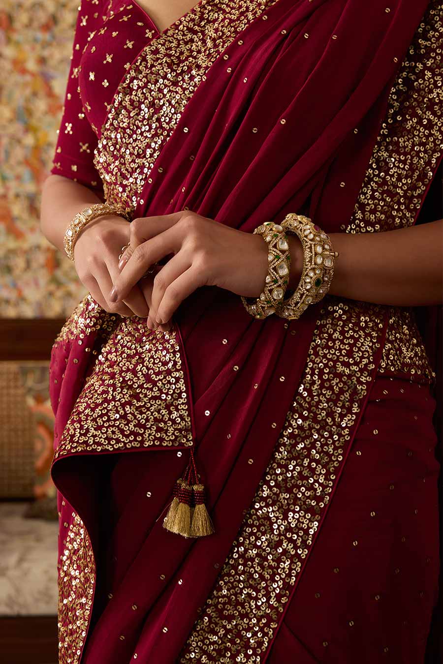 Maroon Embroidered Crepe Saree Set