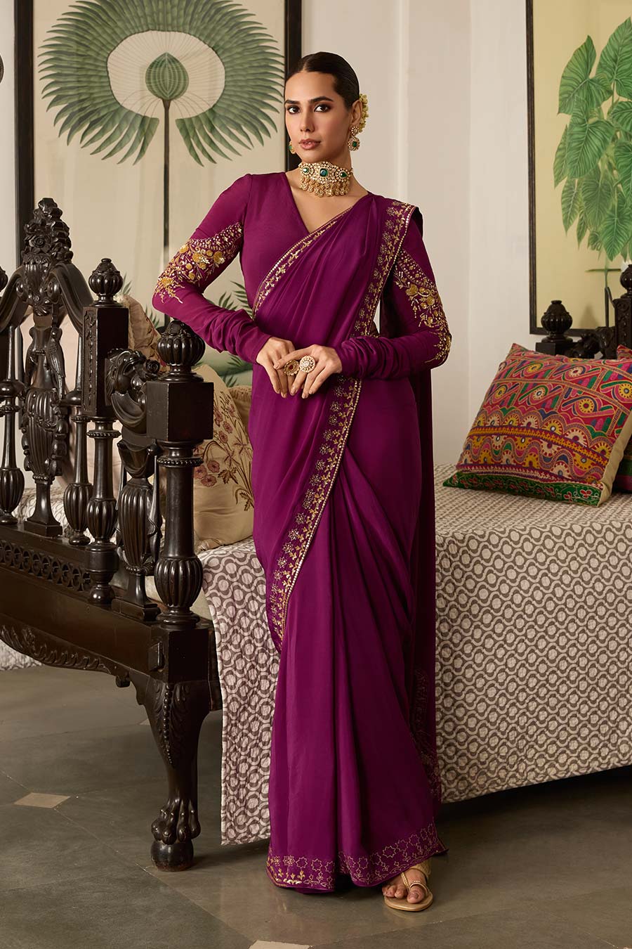 Purple Embroidered Crepe Saree Set