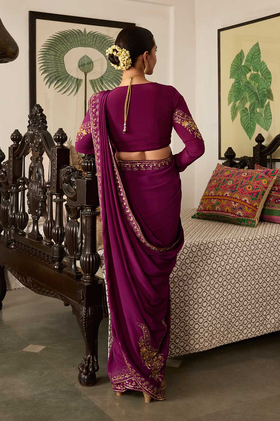 Purple Embroidered Crepe Saree Set