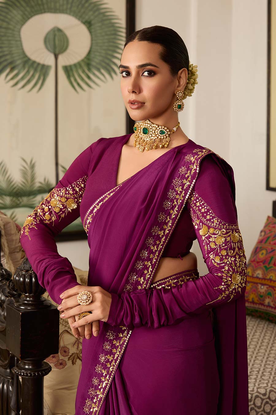 Purple Embroidered Crepe Saree Set