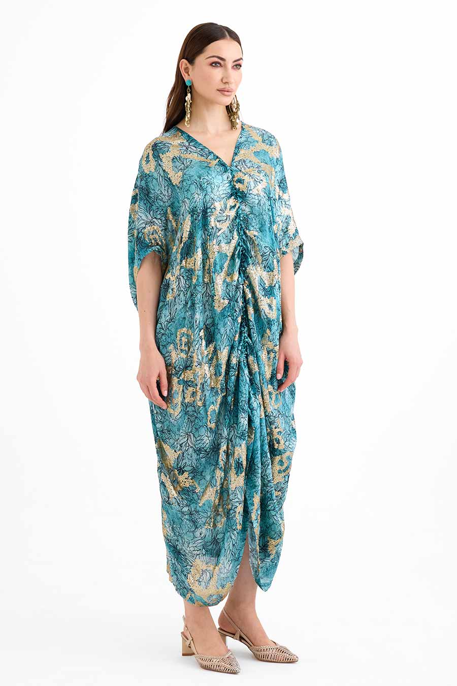 Sequin Embellished Marine Drawstring Kaftan