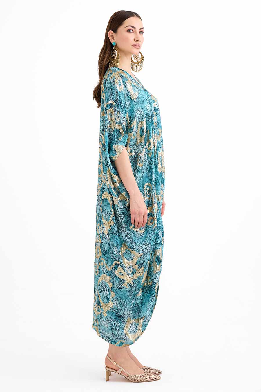 Sequin Embellished Marine Drawstring Kaftan