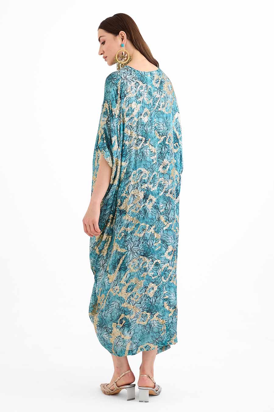 Sequin Embellished Marine Drawstring Kaftan