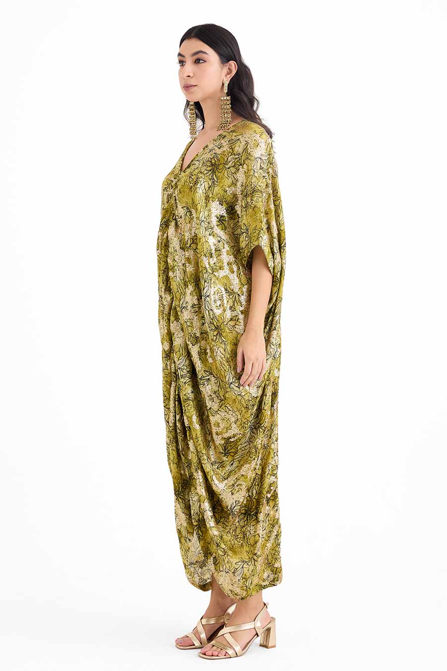 Sequin Embellished Green Drawstring Kaftan