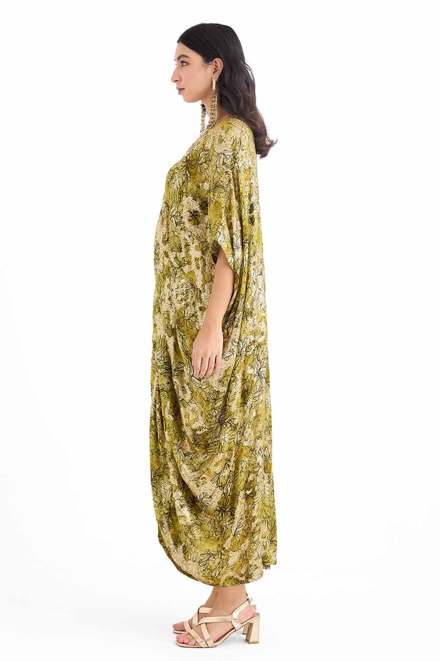 Sequin Embellished Green Drawstring Kaftan