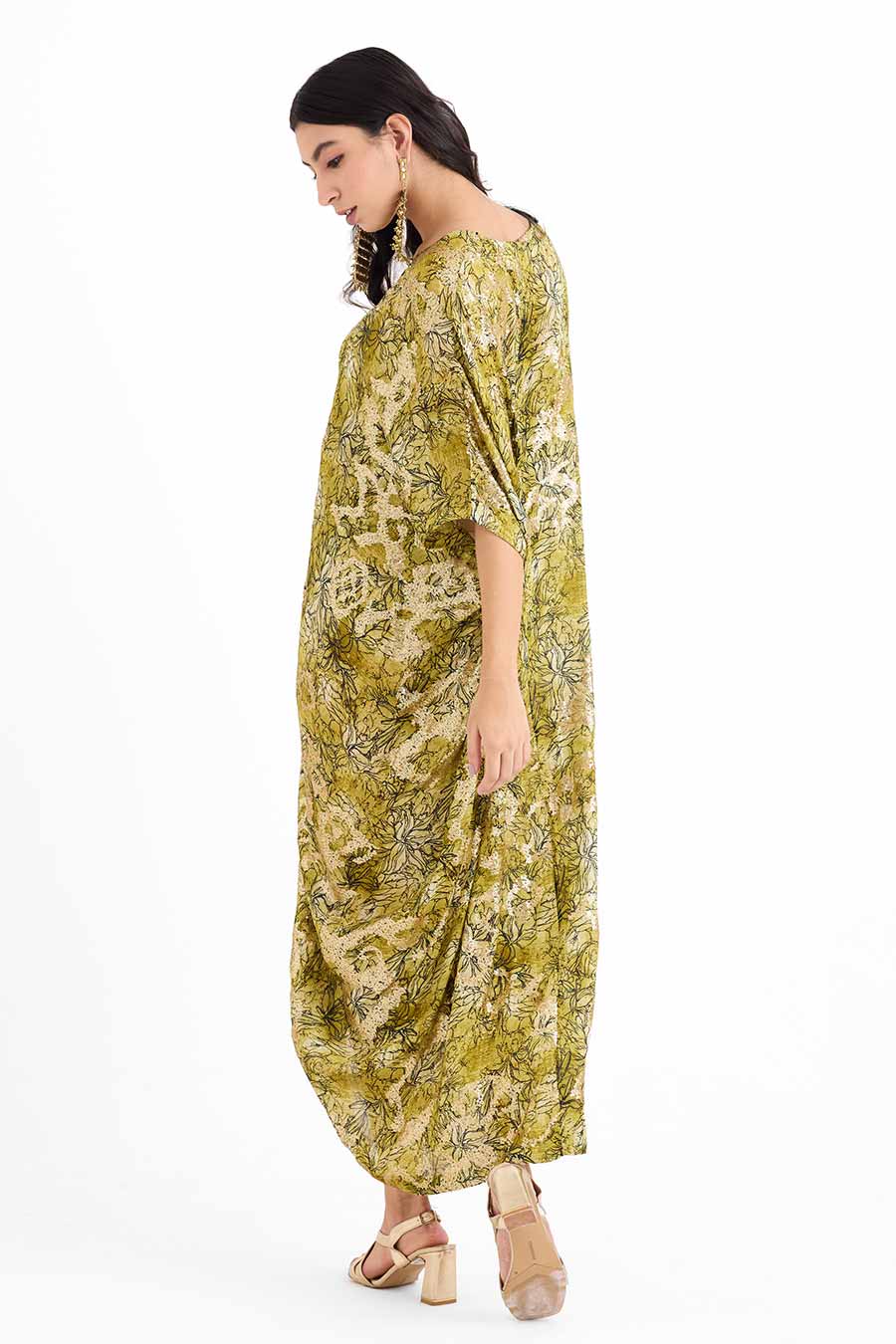 Sequin Embellished Green Drawstring Kaftan