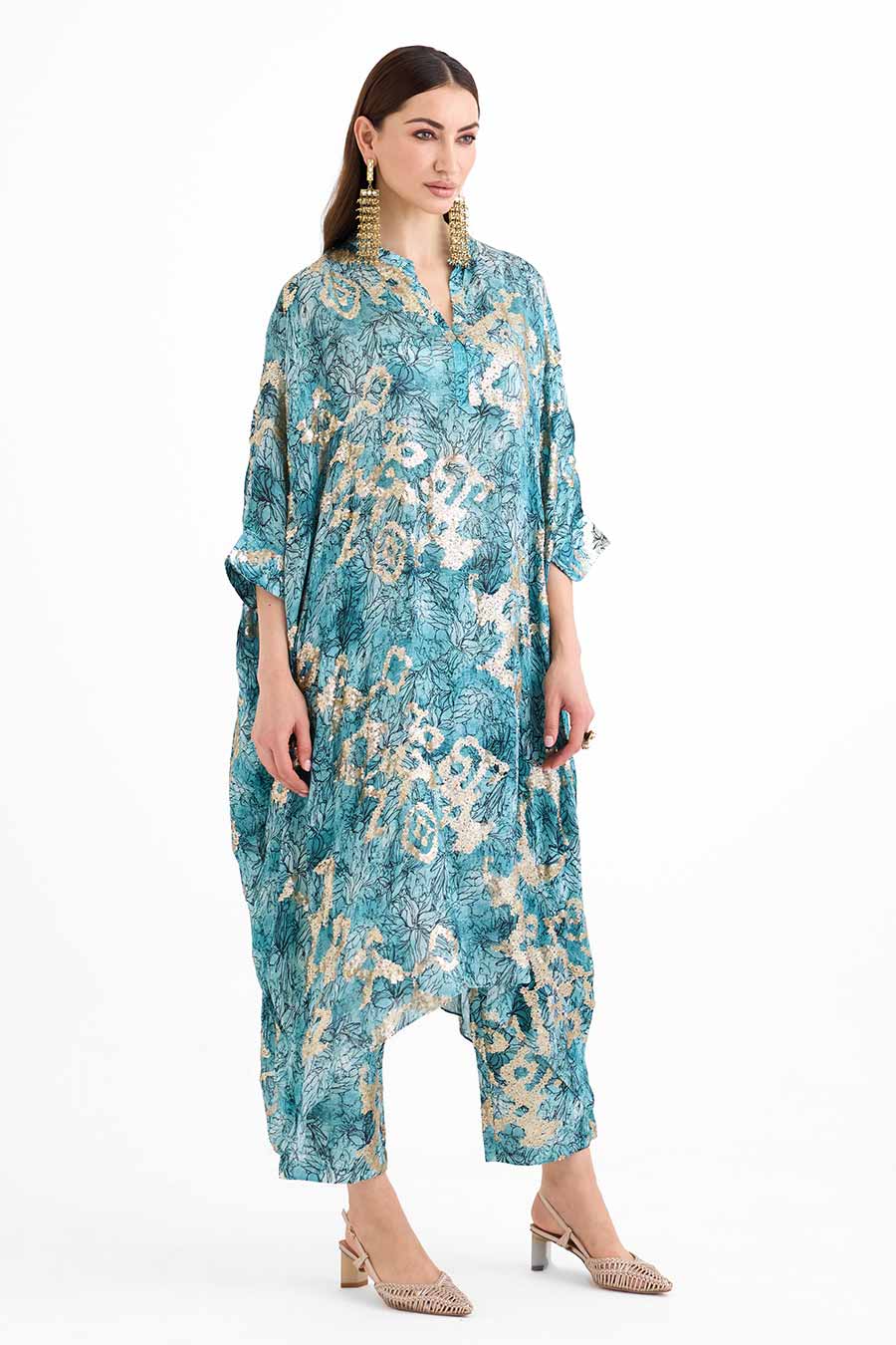 Sequin Embellished Marine Long Kaftan Co-Ord Set