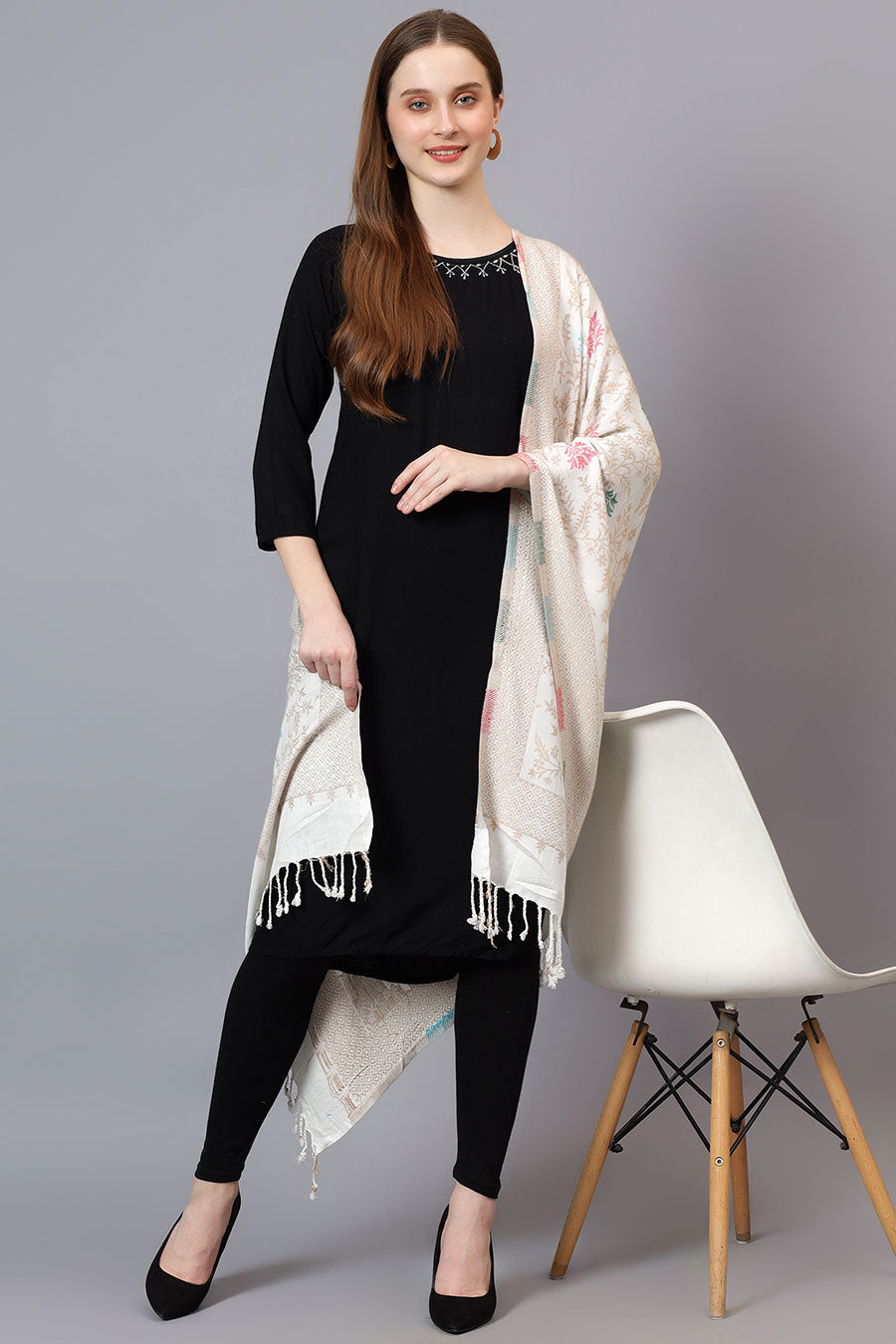 White Ethnic Weave Fine Wool Stole