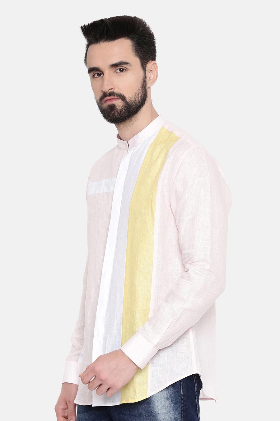 White Linen Yellow Panel Shirt