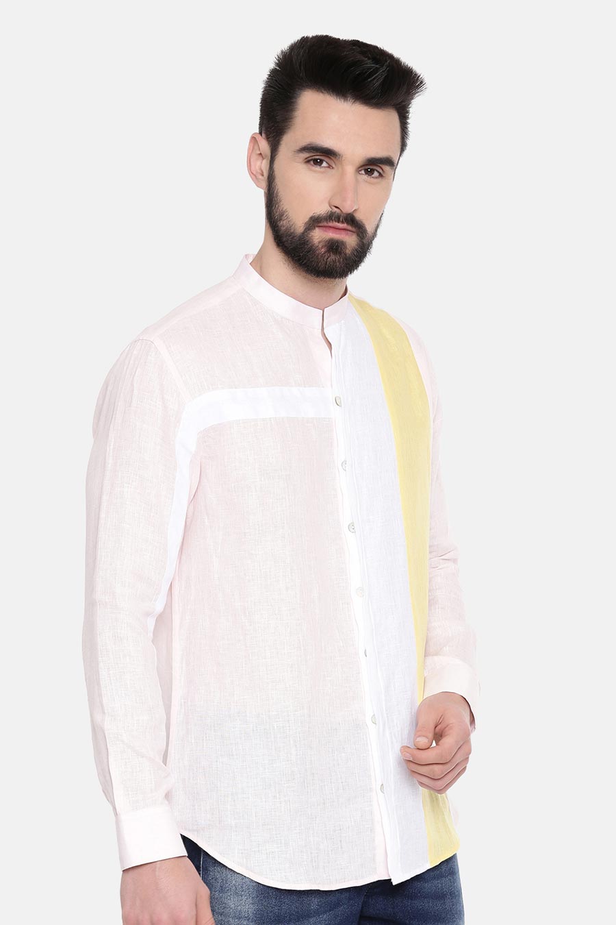 White Linen Yellow Panel Shirt