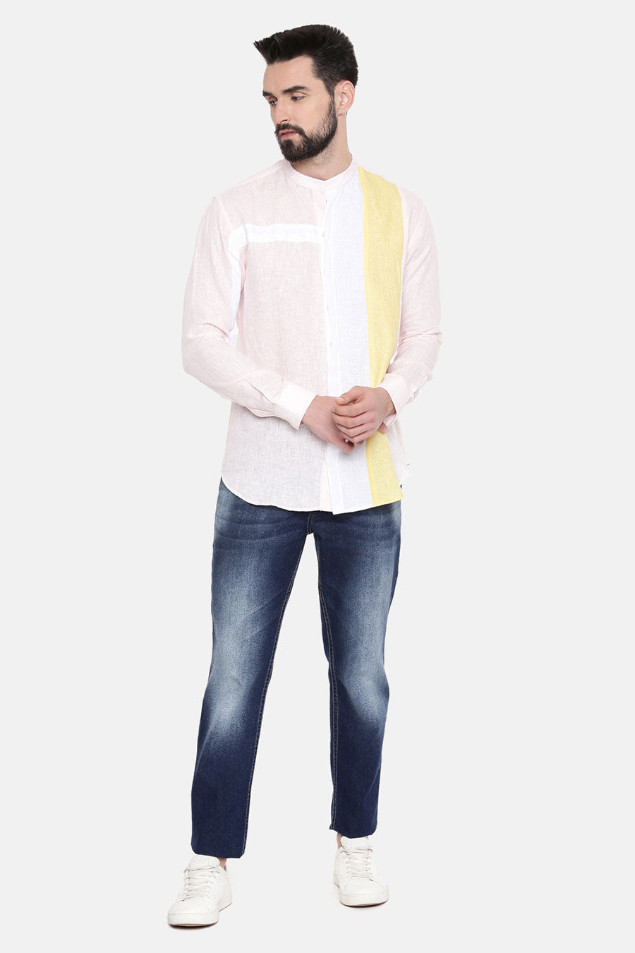 White Linen Yellow Panel Shirt