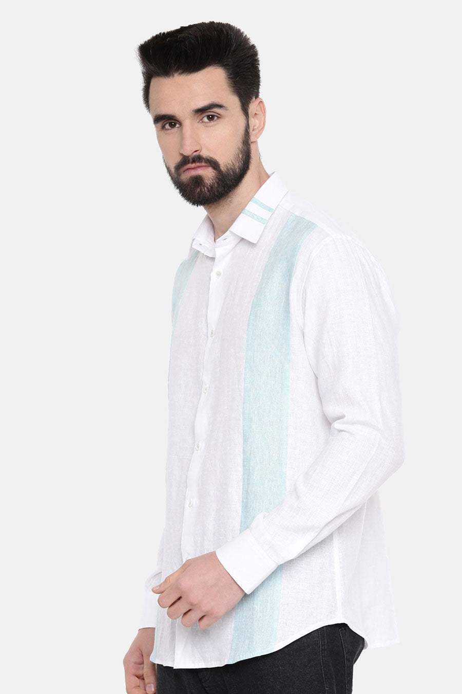 White Linen Blue Panel Shirt