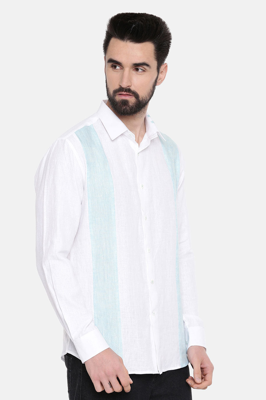 White Linen Blue Panel Shirt