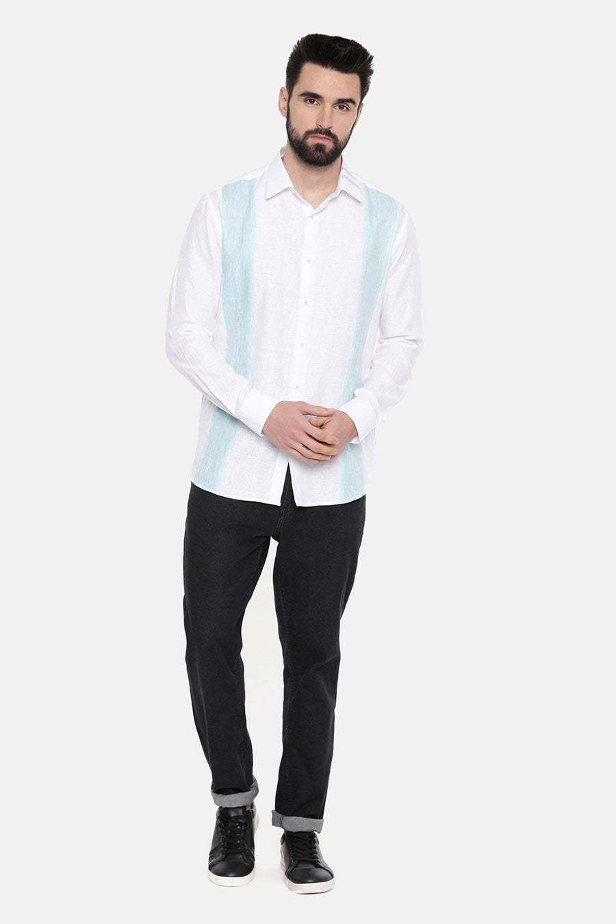 White Linen Blue Panel Shirt